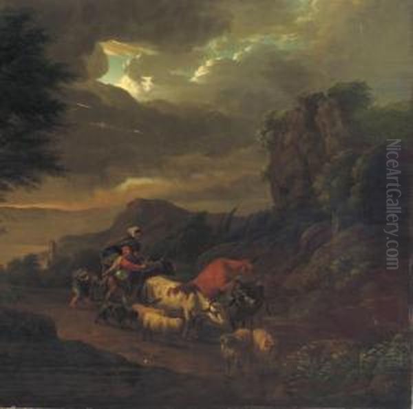 An Italianate Landscape With A Peasant Family In A Thunder Storm Oil Painting by Franciscus Xaverius Xavery