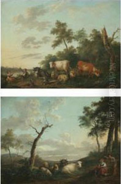 A Landscape With Peasants And Their Herd Resting Near Ariver Oil Painting by Franciscus Xaverius Xavery