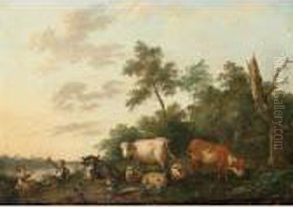 A Landscape With Shepherds And Their Herd Resting Near A River; An Italianate Landscape With Shepherds And A Child Resting Together With Their Herd Oil Painting by Franciscus Xaverius Xavery