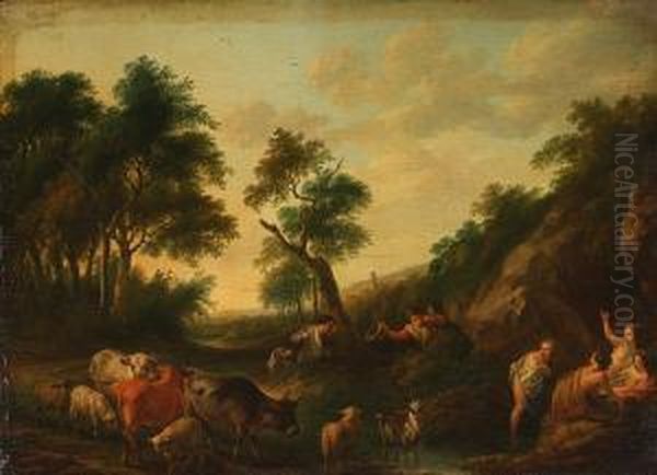 An Italianate Landscape With Shepherds Surprising Nymphs Bathing At A Stream Oil Painting by Franciscus Xaverius Xavery