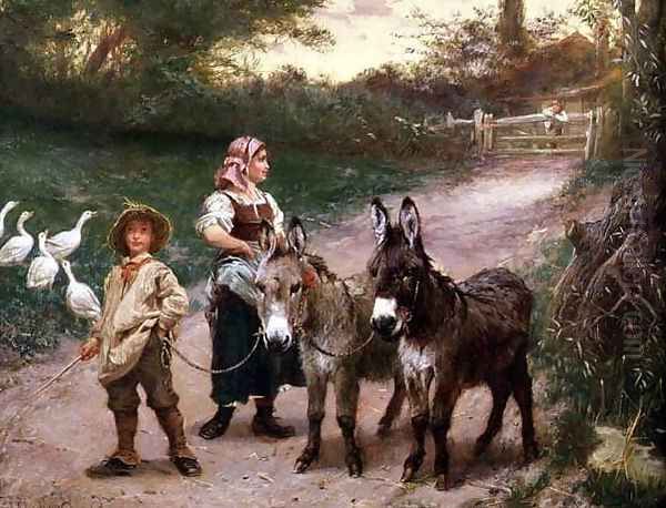 Peasant Children with Donkeys Oil Painting by Edgar Bundy