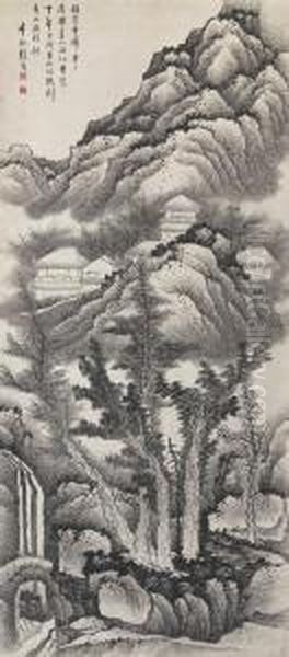 Landscape Of Mount Huang Oil Painting by Gong Xian