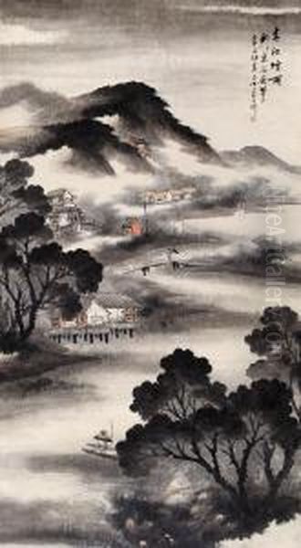 Spring River In Rain Oil Painting by Wu Xian