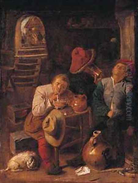 Four Peasants in a Cellar Oil Painting by Adriaen Brouwer