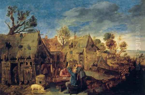 Village Scene with Men Drinking Oil Painting by Adriaen Brouwer