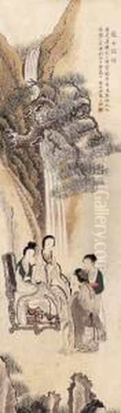 Women Chatting Under Waterfall. Oil Painting by Hu Xigui