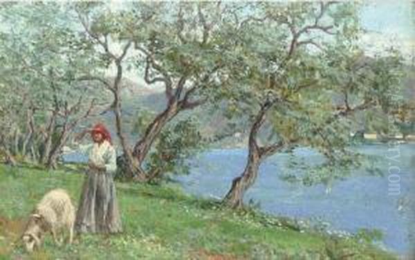 A Shepherdess By The Edge Of An Italian Lake Oil Painting by Ettore Ximenes