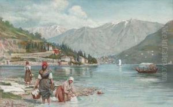 Washerwomen At The Edge Of An Italian Lake Oil Painting by Ettore Ximenes