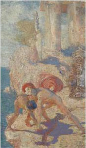 Men Fighting Near Ruins Oil Painting by Nikolaos Ximonas