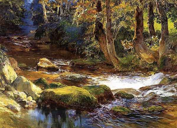 River Landscape With Deer Oil Painting by Frederick Arthur Bridgman