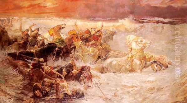 Pharaoh's Army Engulfed By The Red Sea Oil Painting by Frederick Arthur Bridgman