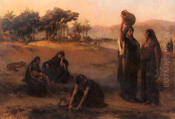 Women Drawing Water From The Nile Oil Painting by Frederick Arthur Bridgman