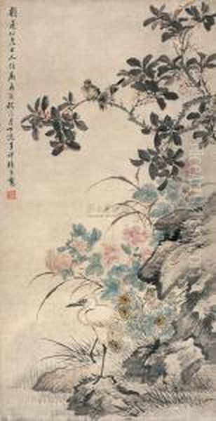 Flower And Bird Oil Painting by Zhang Xiong