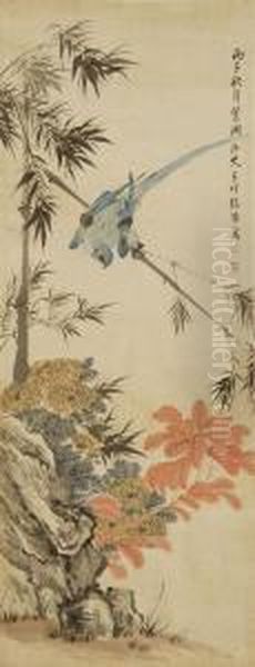 A Bluebird On A Bamboo Branch With Chrysanthemum Oil Painting by Zhang Xiong