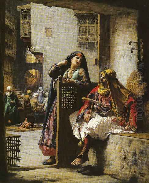 Almeh Flirting With An Armenian Policeman Cairo Oil Painting by Frederick Arthur Bridgman