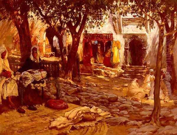 An Eastern Courtyard Oil Painting by Frederick Arthur Bridgman