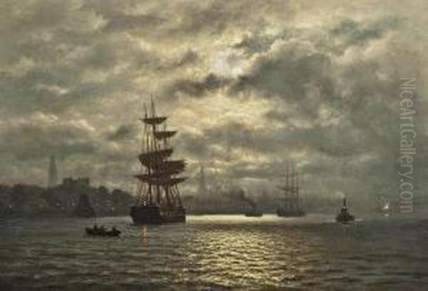 Hamburg Harbour Under The Moon Oil Painting by Wilhelm Ferdinand Xylander