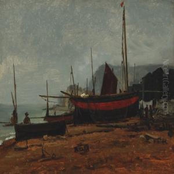 Fishing Boats On The Beach Oil Painting by Wilhelm Ferdinand Xylander