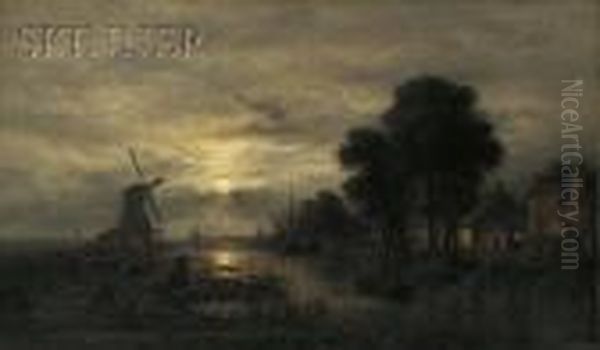 Nocturne With Windmill Oil Painting by Wilhelm Ferdinand Xylander