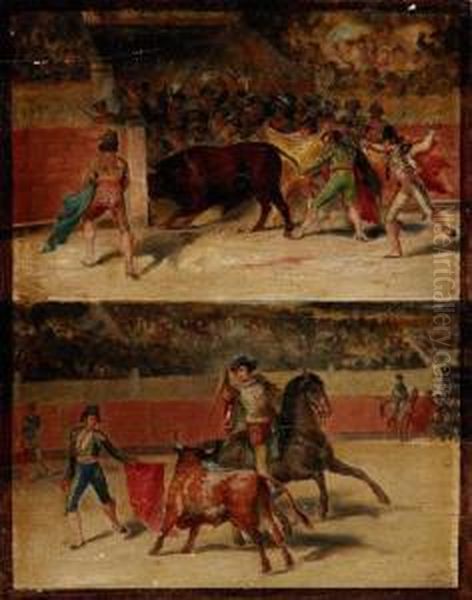 Segunda Corrida, Primer Toro. A La Que Los Alabarderos Y Son Arrollados Milagroso Rompe Algunas Alabardas Y La Ropa Alguno De Ellos, Felipe Garnia Colea Al Toro Oil Painting by Alejandromiguel Y Galvez