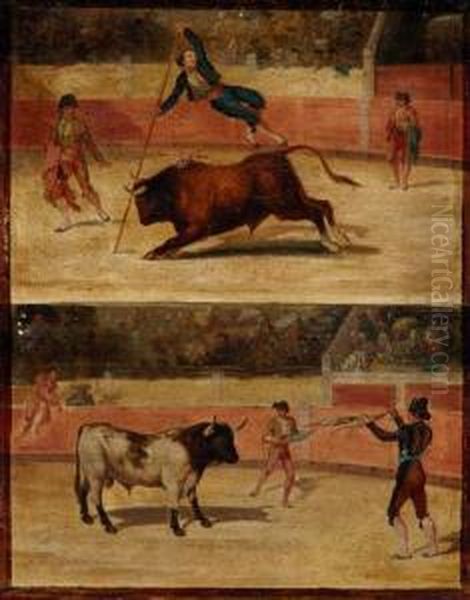 Primera Corrida Del Tercer Toro. Salto De La Garrocha Por El Corito Al Toro Cabezas Oil Painting by Alejandromiguel Y Galvez