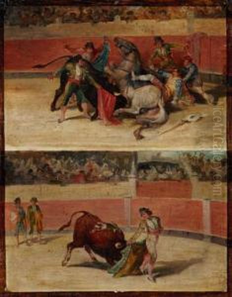 Segunda Corrida Golondrinas. Cinco Rejornazos Del Caballero La Guardia Y Anda Con Muerte Del Caballo Y Herido El Caballero Pero Levemente En La Pantorrilla Oil Painting by Alejandromiguel Y Galvez