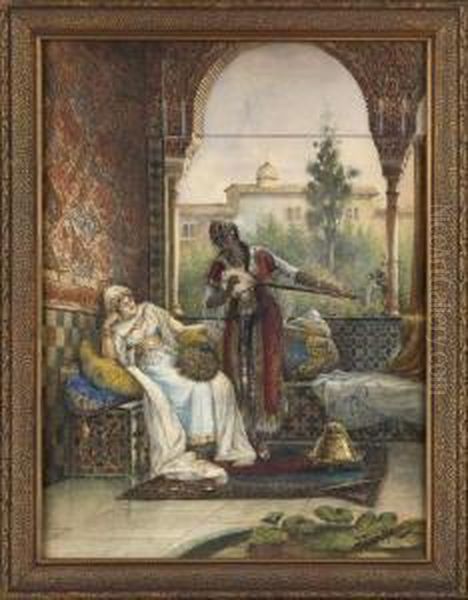 Orientalist Interior Scenewith An Attendant Playing A Setar For A Harem Beauty Oil Painting by Federico Fernandez Y Gimenez