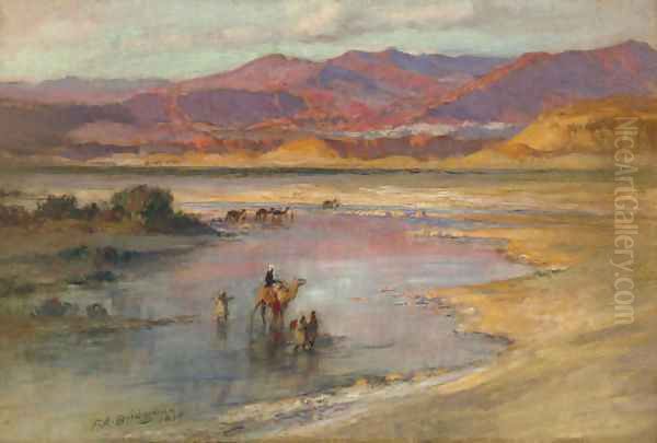 Crossing an Oasis, with the Atlas Mountains in the Distance, Morocco Oil Painting by Frederick Arthur Bridgman