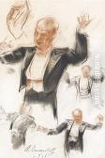 Sergei Kusevitsky Conducting The Boston Symphony Orchestra Oil Painting by Aleksandr Evgen'evich Iakovlev