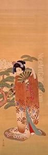 A Woman Holding A Fan Oil Painting by Shuho Yamakawa