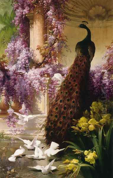 A Peacock and Doves in a Garden Oil Painting by Eugene Bidau