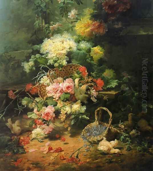 Still Life with Flowers and Playful Chicks Oil Painting by Eugene Bidau