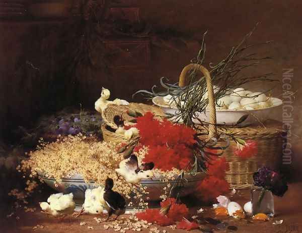 Still Life with Chicks and a Plate of Eggs Oil Painting by Eugene Bidau