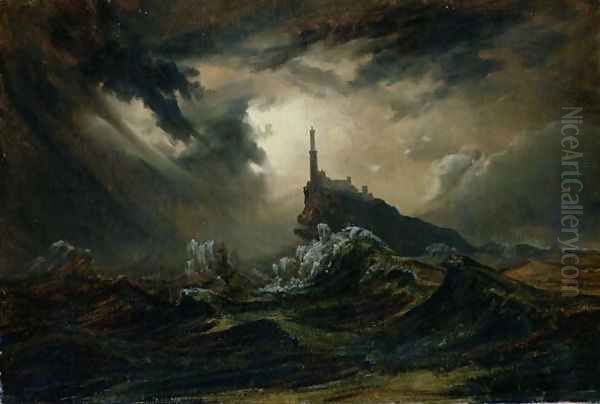 Stormy sea with Lighthouse Oil Painting by Karl Blechen