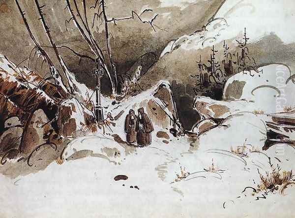 Alpine Pass in Winter with Monks Oil Painting by Karl Blechen