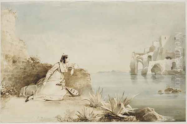 Italian Girl with Mandolin on the Coast of the Gulf of Naples Oil Painting by Karl Blechen