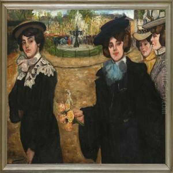 Elegantly Dressed Women On A Square Oil Painting by J. Yamino