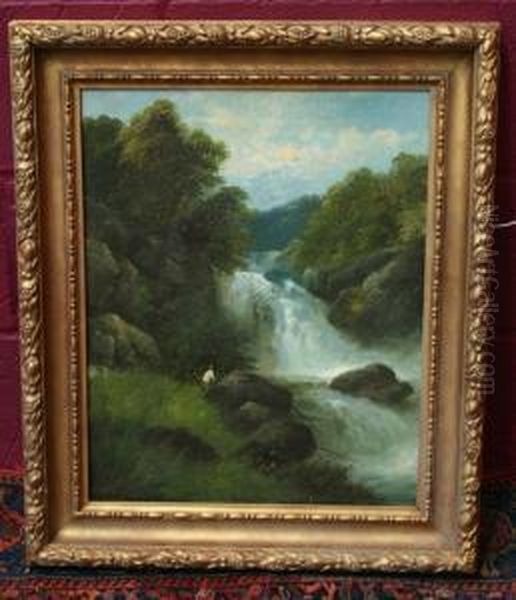 Angler Beside A Waterfall Oil Painting by George B. Yarnold