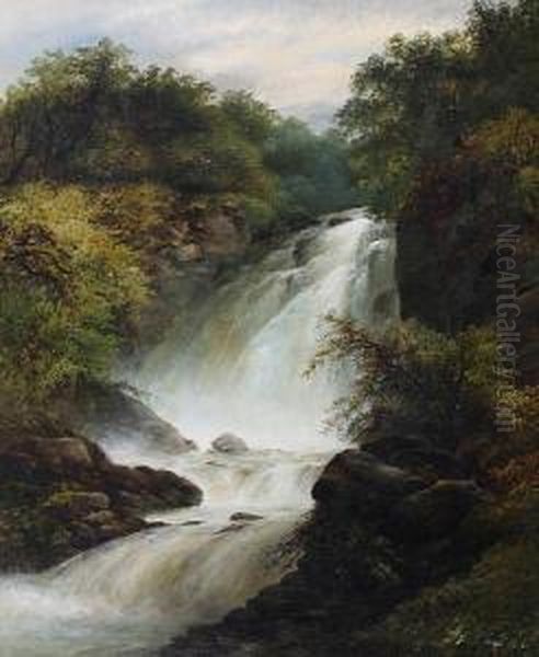 Wooded Waterfall Oil Painting by George B. Yarnold