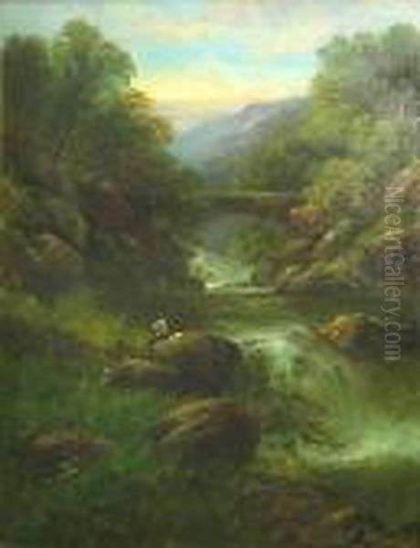 A River Landscape With A Figure Fishing In The Foreground Oil Painting by George B. Yarnold