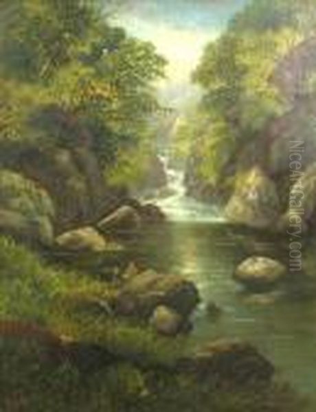 A Waterfall With Two Figures On A Rock In The Foreground Oil Painting by George B. Yarnold