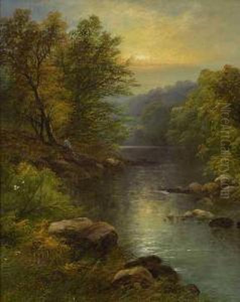 Angler In Flusslandschaft Oil Painting by George B. Yarnold