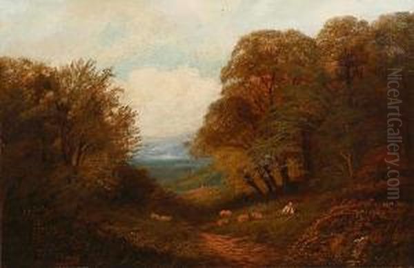 Shepherd And Dog Resting Beside A Grazing Sheep On A Country Lane Oil Painting by George B. Yarnold