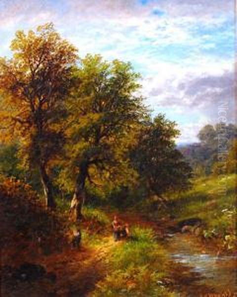 Faggot Gathererson A Wayside Path Oil Painting by George B. Yarnold