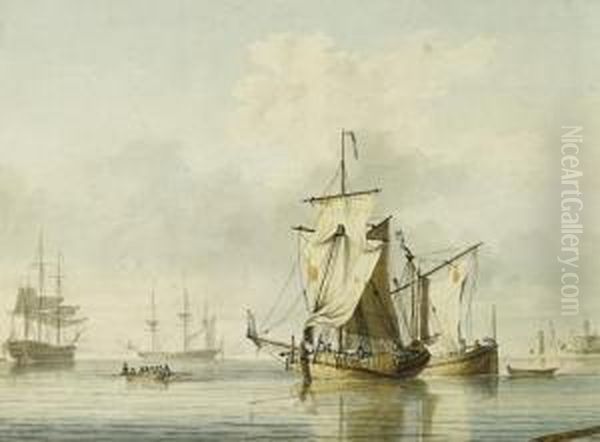 Vessels In A Calm Off Hurst Castle And Distant View Of The Needle Rocks Oil Painting by Lieutenant Thomas Yates