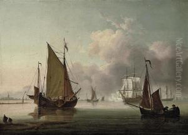 A Two-decker Firing A Morning Gun Amidst Other Shipping In Thethames Estuary Oil Painting by Lieutenant Thomas Yates