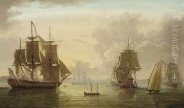 A Squadron Of The White Lying At Anchor And Drying Their Sails Ingibraltar Bay Oil Painting by Lieutenant Thomas Yates