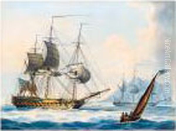 Shipping Off Gibraltar; Shipping Off The Needles Oil Painting by Lieutenant Thomas Yates