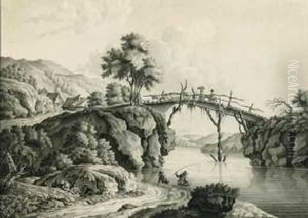 Herders With Cattle Crossing A Bridge With Anglers Below; Andfigures With A Horse And Cart Crossing A Bridge Oil Painting by Lieutenant Thomas Yates