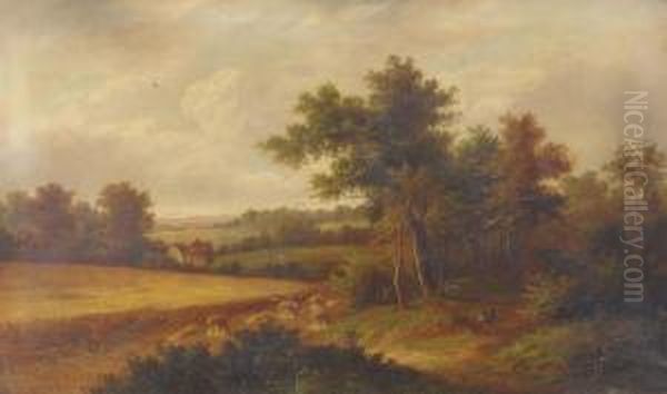 An Extensive Landscape With A Traveller On A Track Before A Cottage, A Cornfield And Harvesters Beyond Oil Painting by W. Yates